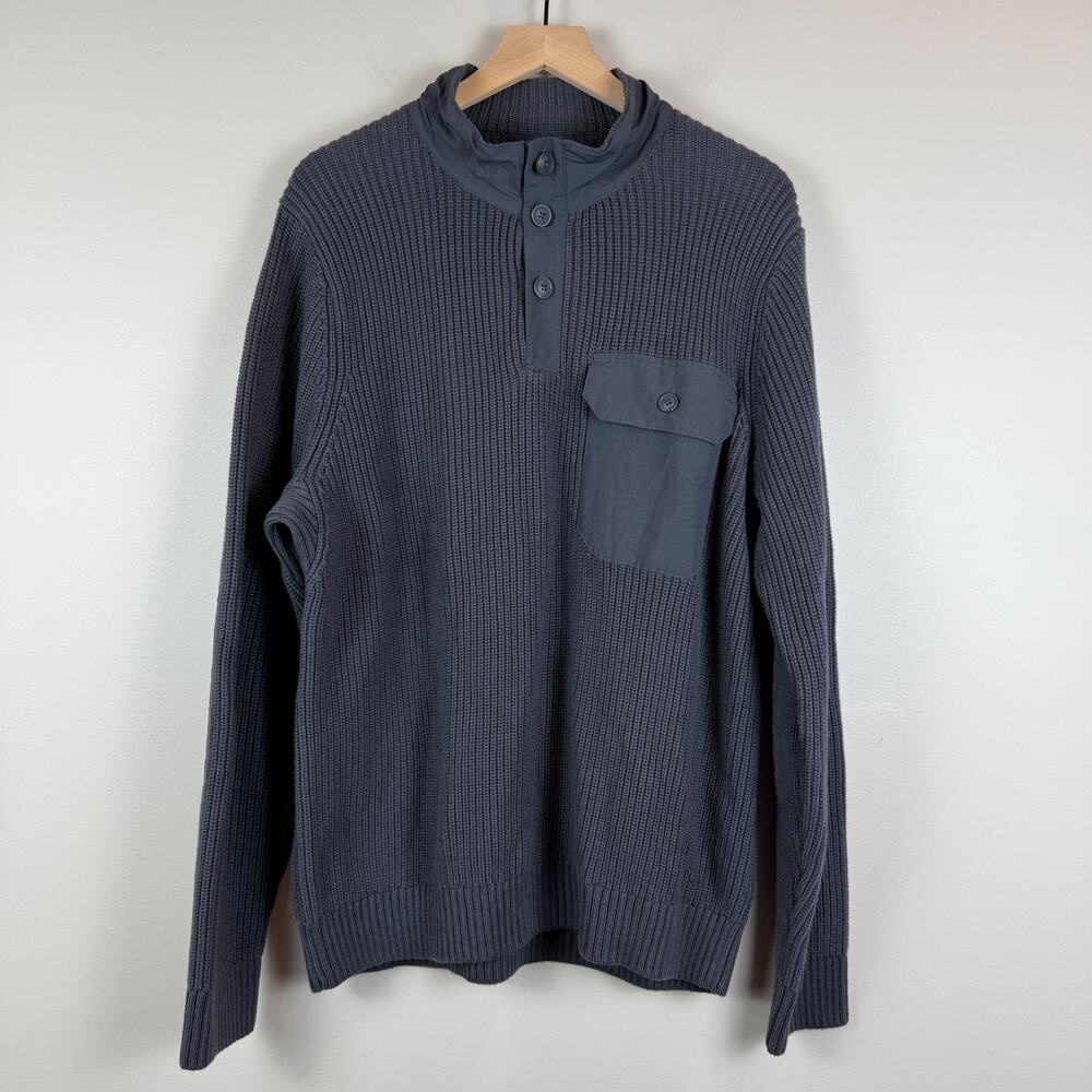 Duluth Trading Co Sweater Mens Large Blue Knit Ribbed Brigadier Button Mock Neck